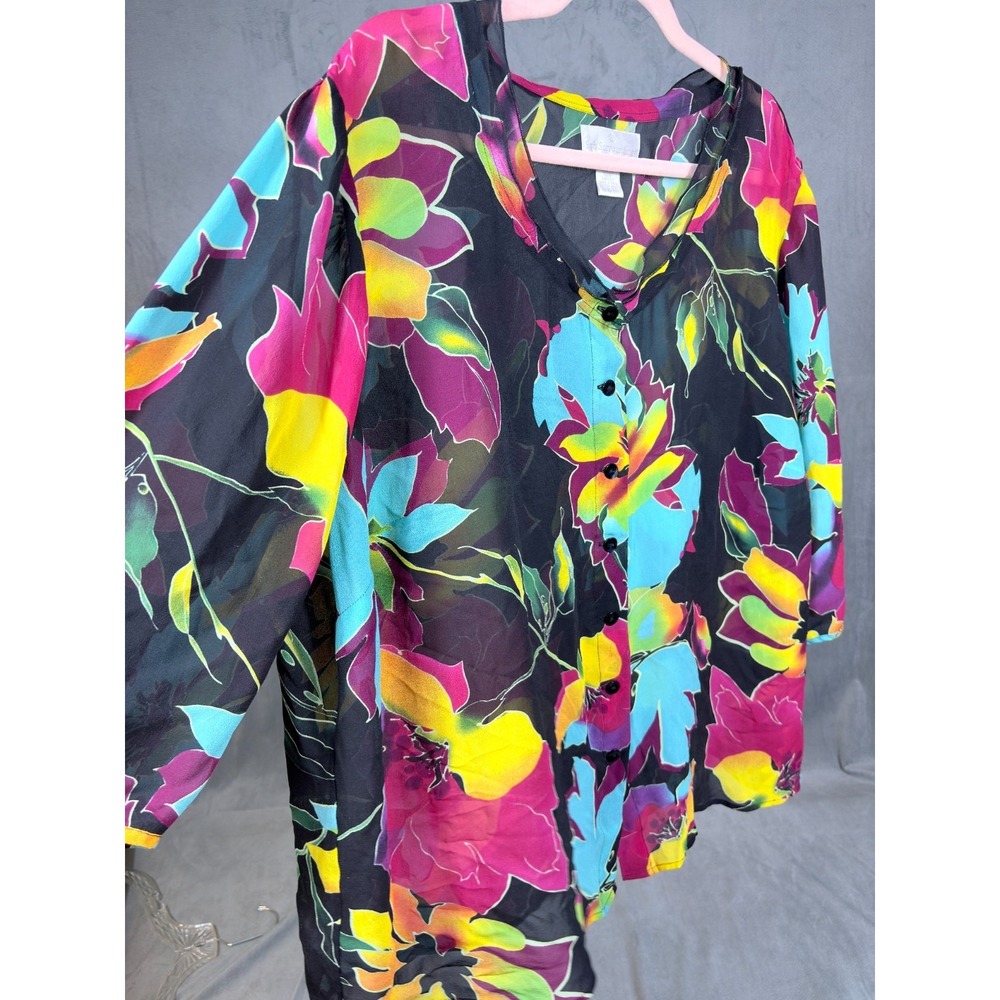 Soft Surroundings 3X Black Semi Sheer Tropical 3/4 Sleeve 100% Silk Blouse - Picture 10 of 15